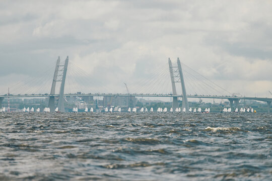 Students of the academy of sailing on shwertboats in cloudy weather, Russia, St. Petersburg
