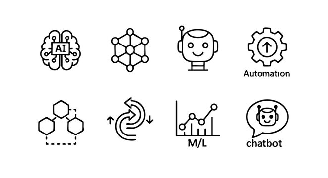 Black-and-white AI icons showing neural networks, automation, machine learning, robotics, and.