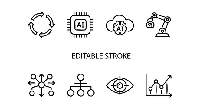 Black-and-white AI icons showing cloud intelligence, robotics, computer vision, data flow.