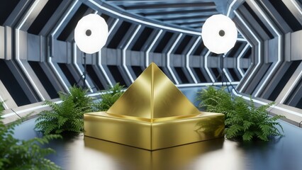 Luxury golden pyramid display in modern room