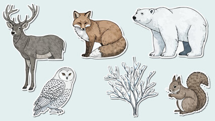 Wildlife animal set with deer, fox, polar bear, owl, squirrel, and coral