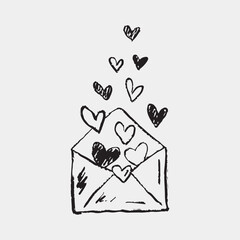 Hand drawn open envelope with hearts floating. Love, affection, and love letters concept. Vector sketch illustration in vintage crayon charcoal style