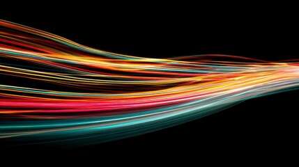 Colorful light streaks against a black background, suggesting movement and energy. Abstract design with vibrant waves and lines