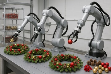 Robotic arms creating christmas wreaths with red ornaments and pinecones in modern workshop. concept of automated production, holiday decor, technological innovation