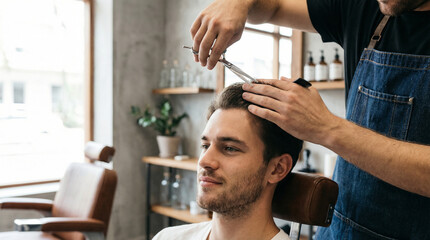Realistic scene of a professional barber giving a precise haircut to a young man in a modern barbershop. Clean interior, soft daylight, natural emotions, sharp details, authentic grooming experience.