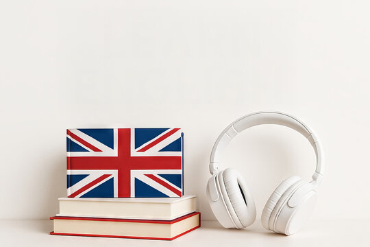 Stack of books with union jack and headphones for learning english language skills and education concept, copy space