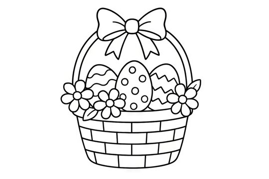 Easter basket coloring page with eggs and flowers in black and white. concept of easter holiday art, kids activity, spring festivity, hand-drawn outline, isolated illustration