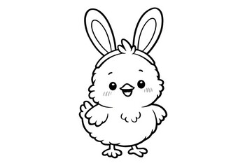 Fototapeta premium Chick with bunny ears adorable illustration. easter coloring page for kids. concept of cute animal art, black and white illustration, springtime fun, playful design