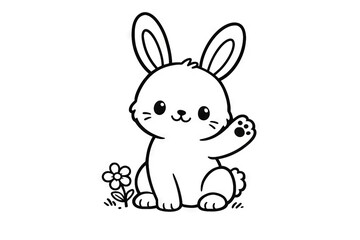 Fototapeta premium Waving bunny outline, simple illustration for kids. cute rabbit with flower, black and white drawing. concept of adorable animal art, children's coloring activity