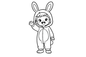 Fototapeta premium Charming bunny costume delight for kids, cute black and white illustration. concept of festive playwear, creative activity, delightful fun, costume, bunny ears, line art