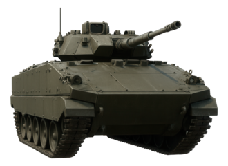Armored infantry vehicle with angled front armor and protective side skirts.