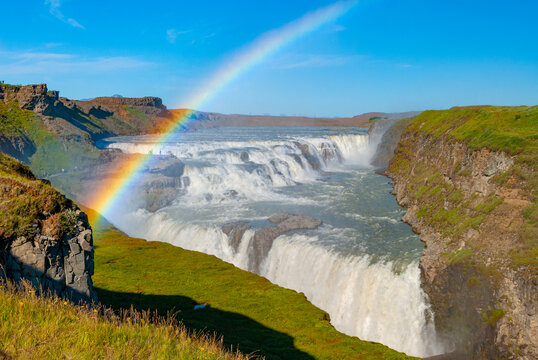 gullfoss, is iceland's famous "golden falls, " a powerful, two-tiered waterfall on the hv&iacute;t&aacute; river, forming a key part of the popular golden circle tour in south iceland