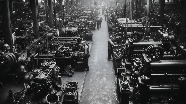 Vintage factory floor teeming with heavy machinery and workers during the industrial age