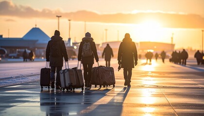 Travelers walking with luggage at sunset