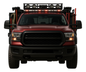 Crisis response vehicle with bed-mounted gear racks and tool storage.