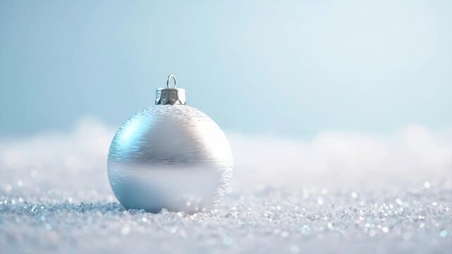 Silver christmas ball ornament resting on snow