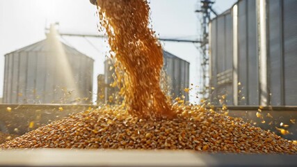Golden corn kernels pouring from a conveyer into a large container at a grain storage facility.
