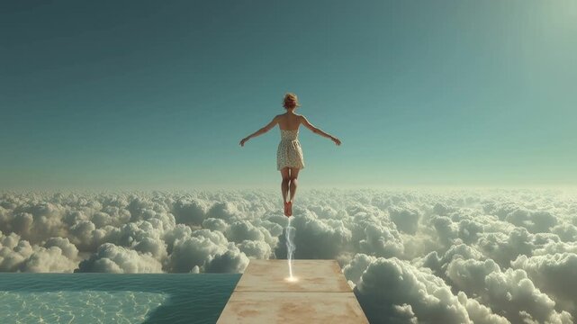 Surreal digital art of woman levitating above clouds after jumping from platform