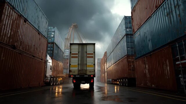 Cargo containers lined up at a shipping terminal during a cloudy day with cranes in action, showcasing logistics and transportation operations