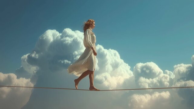 Woman walks on tightrope among clouds in bright sky at midday