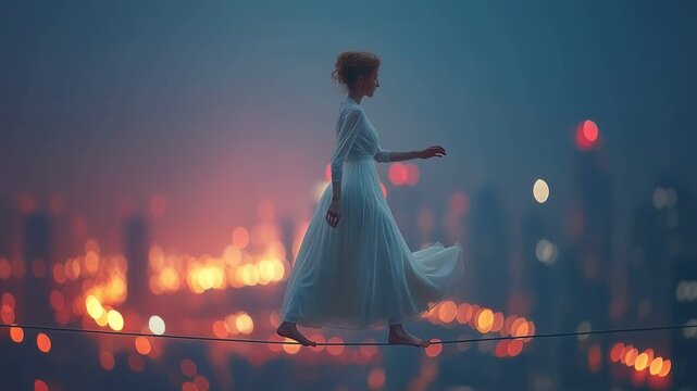Walking on a tightrope at night over a city skyline