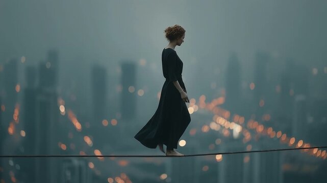 Woman walks on tightrope between buildings in city at dusk