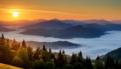 scenic mountain landscape at dawn a panoramic view of a mountain range at dawn with rolling hills forests and a blanket of fog in the valleys all bathed in the warm light of the rising sun