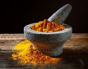 vibrant turmeric powder in stone mortar with pestle on rustic wooden surface
