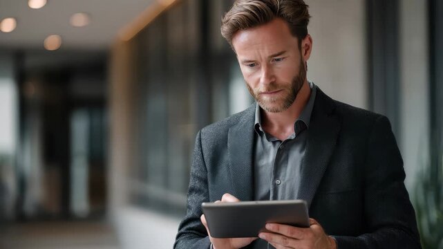 Entrepreneur actively engaging with a digital tablet while analyzing data in a modern office setting during a busy workday