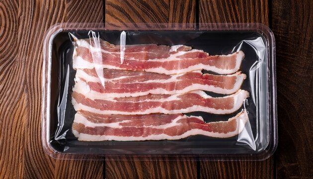 freshly packaged bacon slices in clear plastic on wooden surface