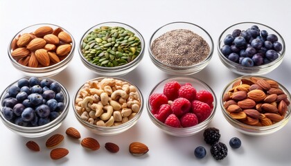 assorted nuts seeds and berries in bowls on white background