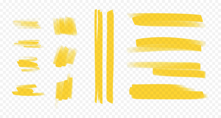 Highlights and underlines of yellow marker. Set of hand-drawn lines and marks isolated on transparent background

