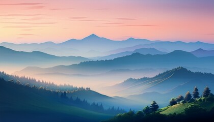 misty mountain range at dawn pastel colors gentle hills and trees