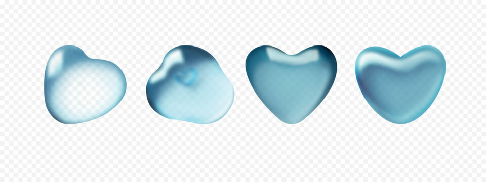 3d transparent water drops. Set of heart shaped dew isolated on transparent background