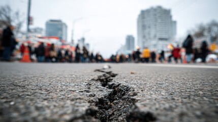 Obraz premium Busy city street with road surface showing long crack depicting urban deterioration and infrastructure concept for business and construction messaging