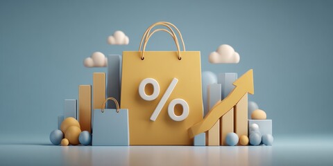 3D illustration of increase sales icon with upward arrow and bar chart, business growth and success concept for presentations