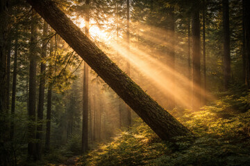 Obraz premium Sunlit Serenity in the Woods: Golden sunlight streams through a tranquil forest, illuminating a majestic tree trunk and the lush forest floor. 