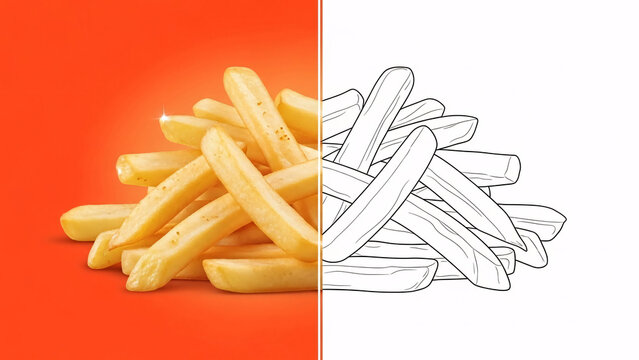 Golden french fries presented with a corresponding black and white line art version for versatile design applications.

