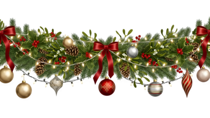 Christmas garland with ornaments isolated on transparent background