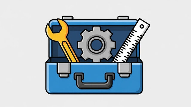 Toolbox neatly arranged with wrench, gear, and ruler icons, clean cartoon vector.