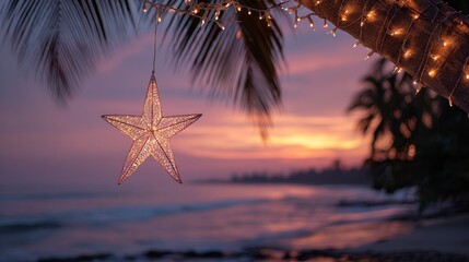 Obraz premium Glowing star ornament hanging from a palm tree, illuminated with fairy lights, overlooking a tranquil beach at sunset