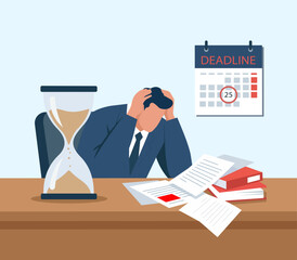 Fototapeta premium Overwhelmed office worker stressed by deadlines and paperwork with hourglass symbolizing time pressure in a flat vector illustration, Deadline stress, Workplace anxiety, Time pressure, Office overload