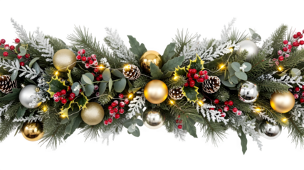 Christmas garland isolated on transparent background with ornaments and lights