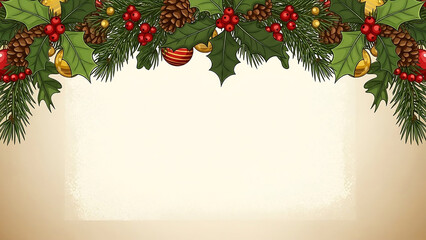 Festive holiday frame with evergreen branches and red berries  