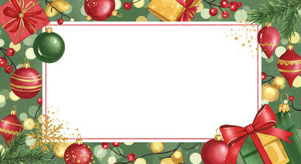 Christmas decorations with gifts and ornaments on green background
