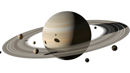 Saturn planet with rings and moons in space isolated on a transparent background