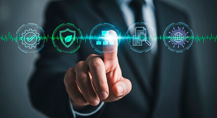 Business technology of a man's hand interacting with digital icons for data protection and information access.