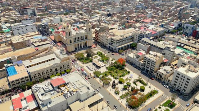 Aerial view of Chiclayo&rsquo;s Main Square featuring the Cathedral of Saint Mary of Chiclayo, landscaped gardens, central walkways, and active urban life surrounding this iconic landmark in northern Peru