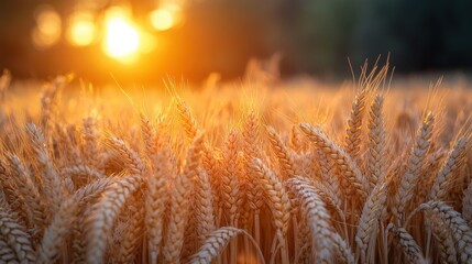 Fototapeta premium A field of wheat is illuminated by the warm light of the setting sun, creating a tranquil and textured scene.