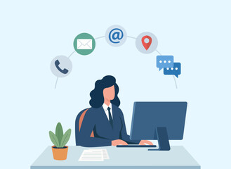 Businesswoman at desk using computer with multiple communication icons in modern flat vector style, Phone support, Email contact, Online chat, Location services, Digital communication